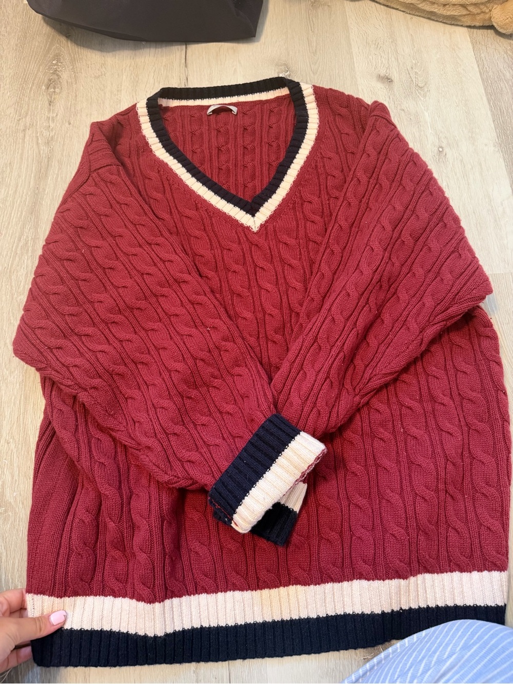 Sunday Best Cable Knit V-Neck Sweater with Striped Trim